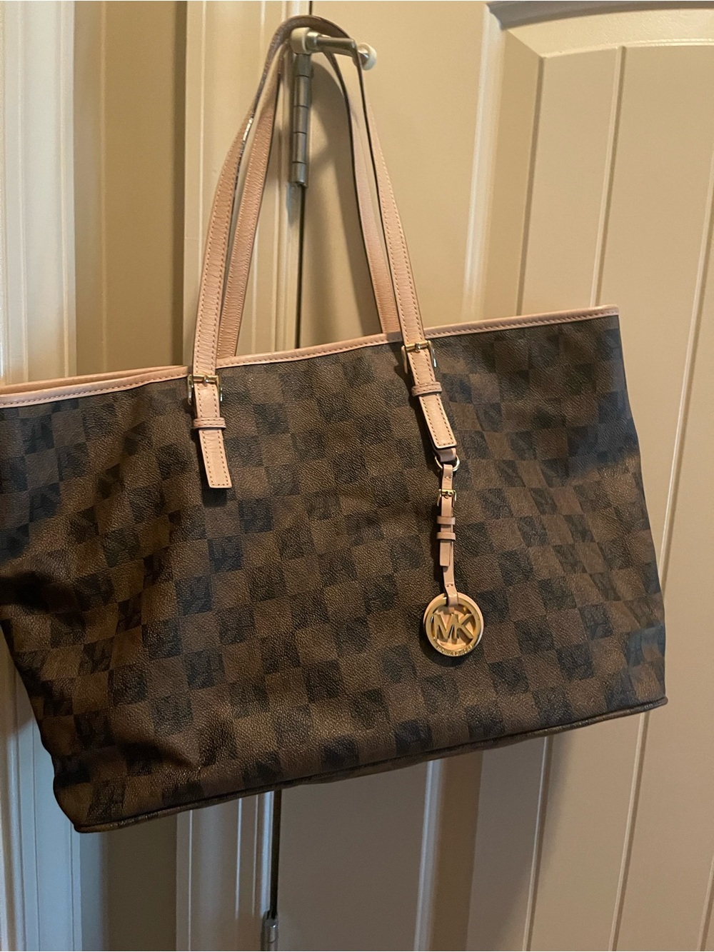 Michael Kors Brown Checkered Tote with Pink Trim and Gold Charm